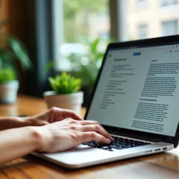 Close-up of hands typing on a laptop keyboard with a document open on the screen, set on a wooden desk with potted plants and a window in the background.