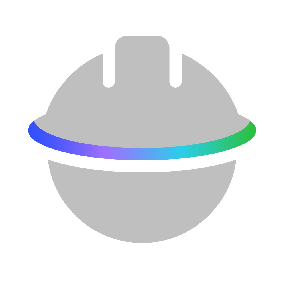 Gray helmet icon with a multicolored band around it, featuring shades of blue, purple, and green.